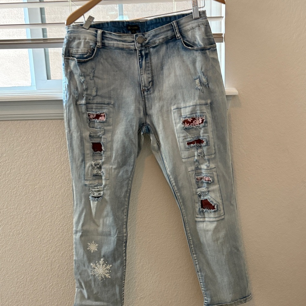 Coco + Carmen Light Blue Distressed Jeans with Snowflake Embroidery